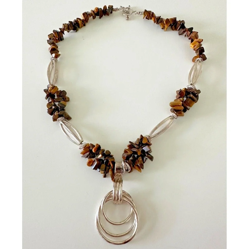 Tigers Eye Nugget Necklace Rings Pendant Brown 18 in Toggle Signed 95 C Silver